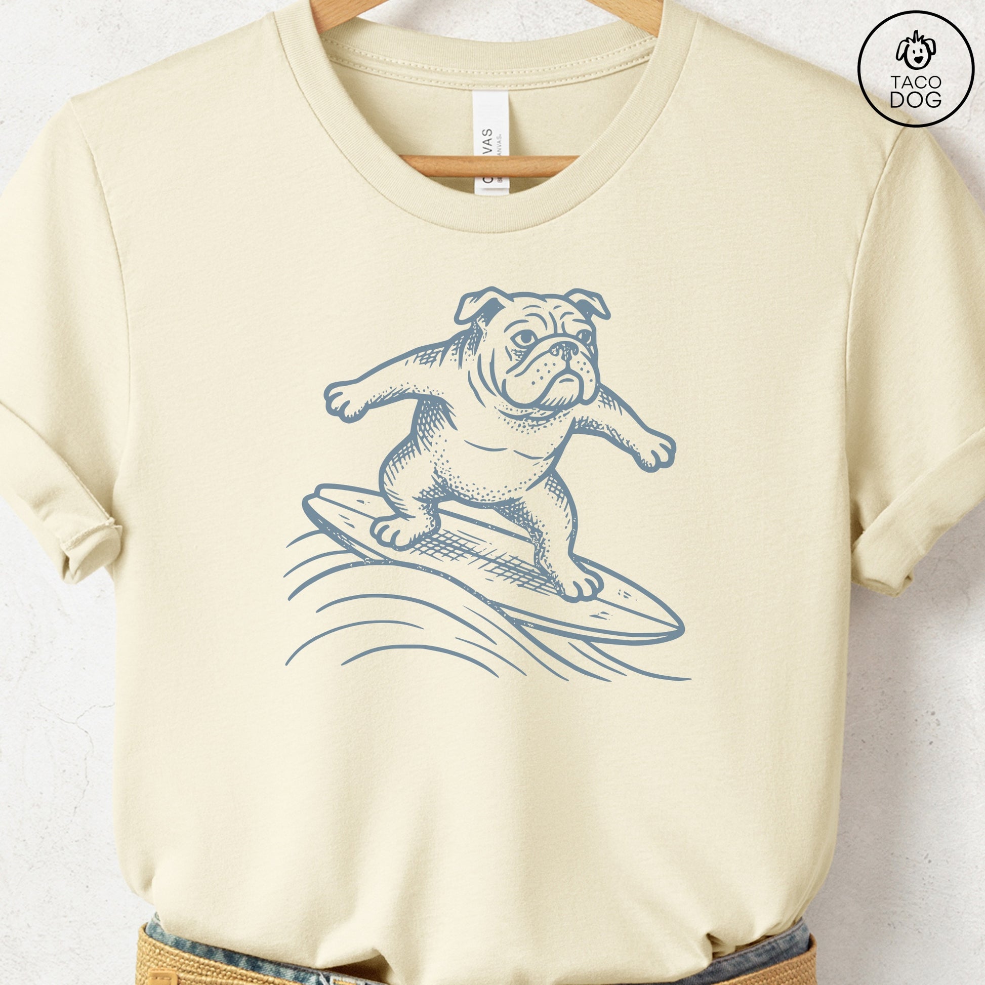English Bulldog Surfing T-Shirt Natural Taco-Dog