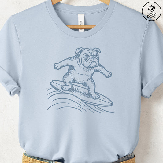 English Bulldog Surfing T-Shirt Light Blue