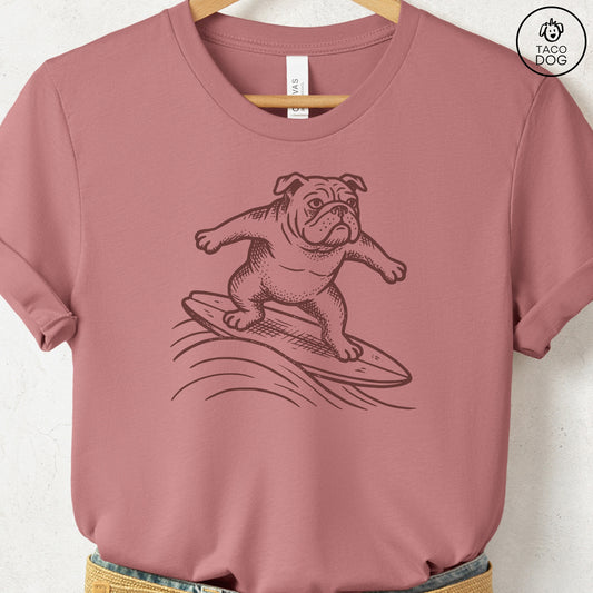 English Bulldog Surfing T-Shirt Heather Mauve Taco-Dog