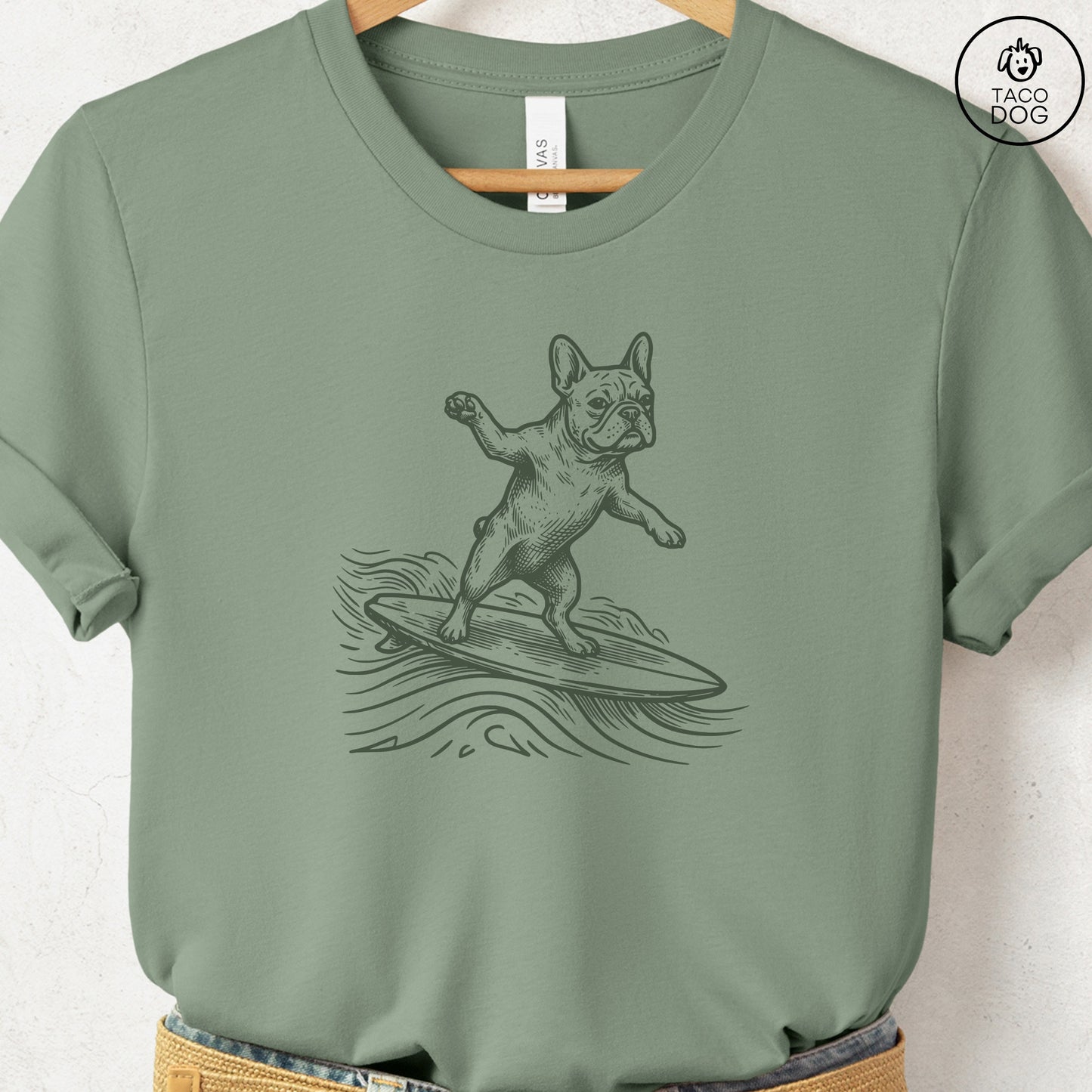 French Bulldog Frenchie Surfing T-Shirt Sage Taco-Dog