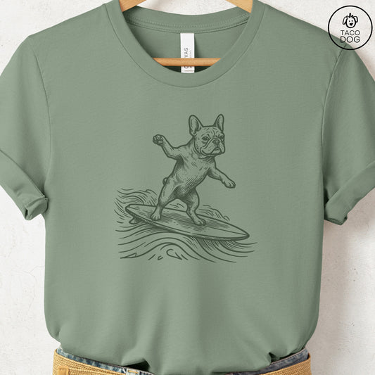 French Bulldog Frenchie Surfing T-Shirt Sage