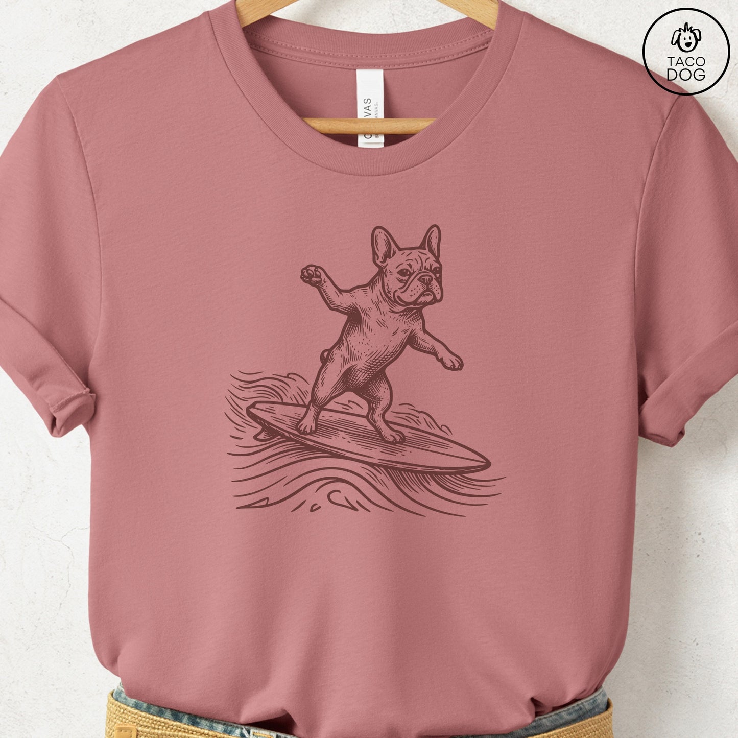 French Bulldog Frenchie Surfing T-Shirt Heather Mauve Taco-Dog