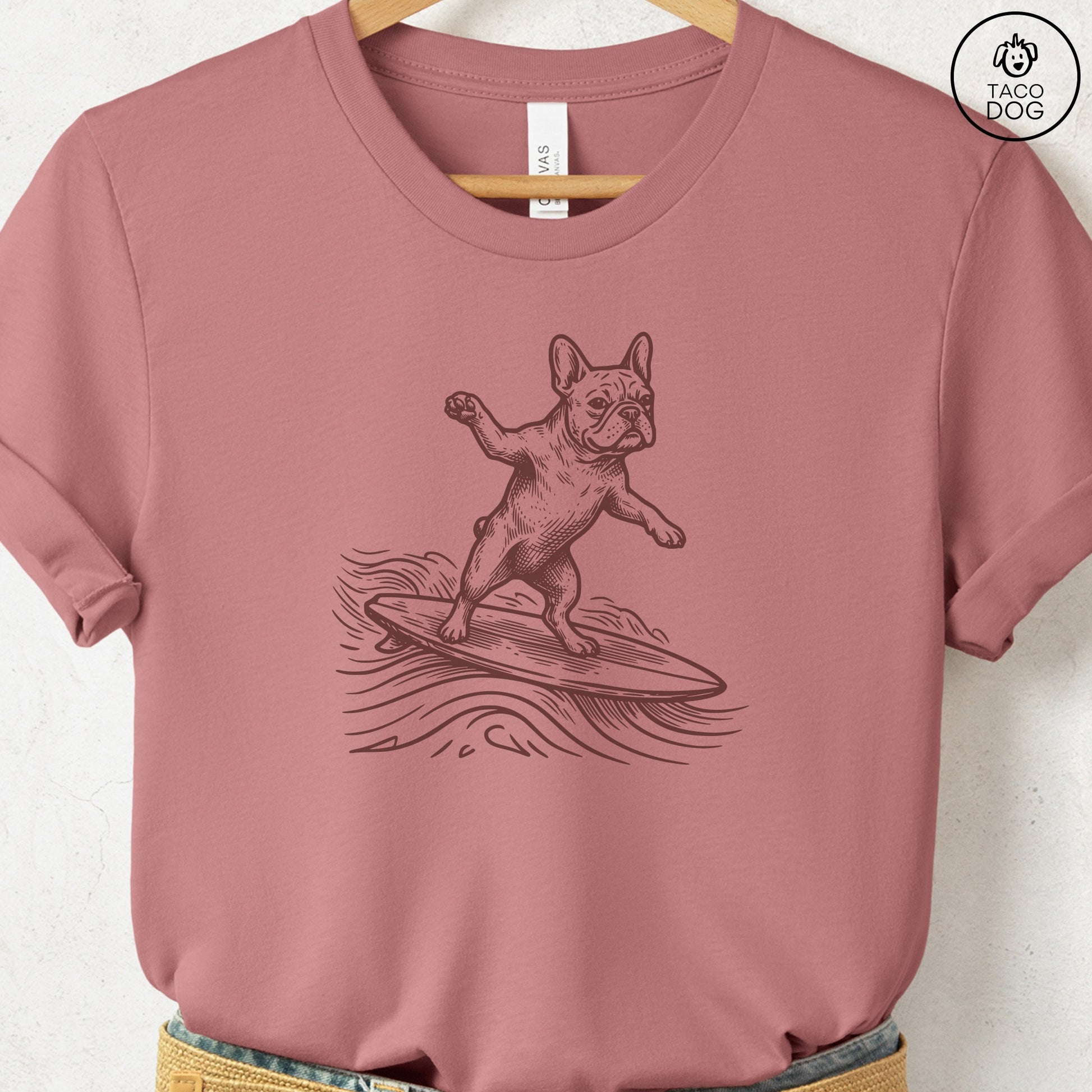 French Bulldog Frenchie Surfing T-Shirt Heather Mauve Taco-Dog