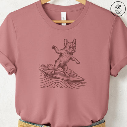French Bulldog Frenchie Surfing T-Shirt Heather Mauve Taco-Dog