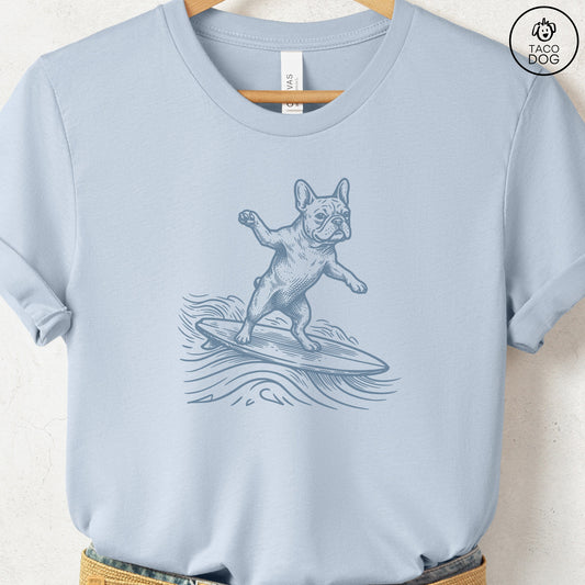 French Bulldog Frenchie Surfing T-Shirt Light Blue Taco-Dog
