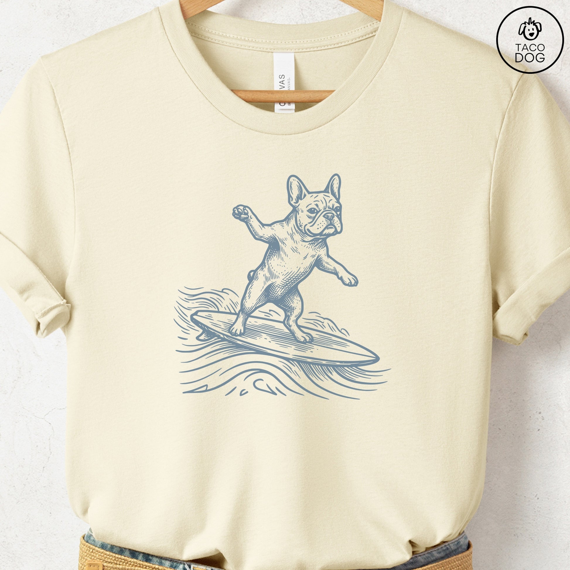 French Bulldog Frenchie Surfing T-Shirt Natural Taco-Dog