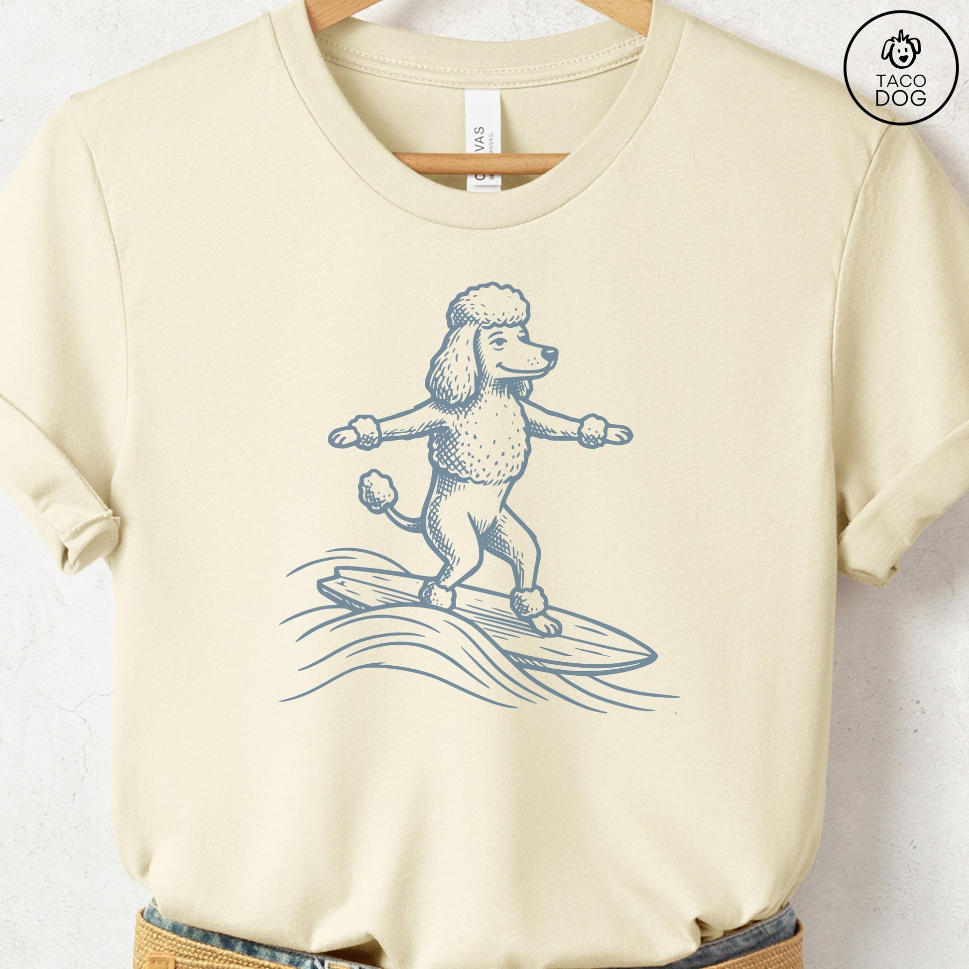 Poodle Surfing T-Shirt Natural Taco-Dog