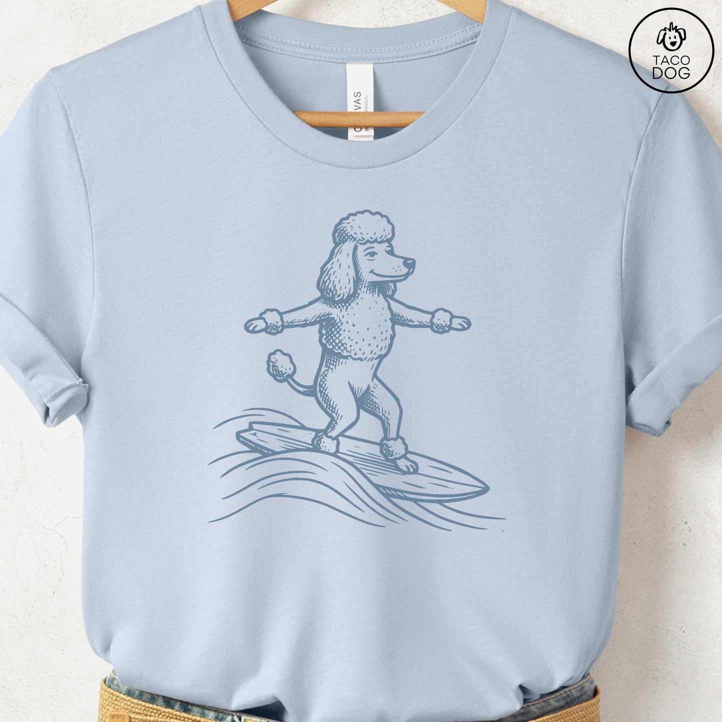 Poodle Surfing T-Shirt Light Blue Taco-Dog
