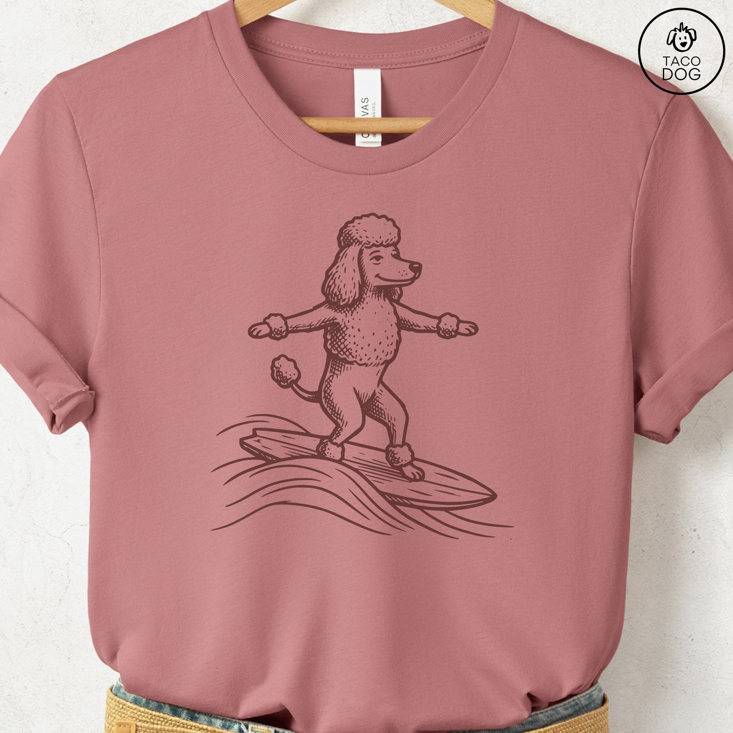 Poodle Surfing T-Shirt Heather Mauve Taco-Dog