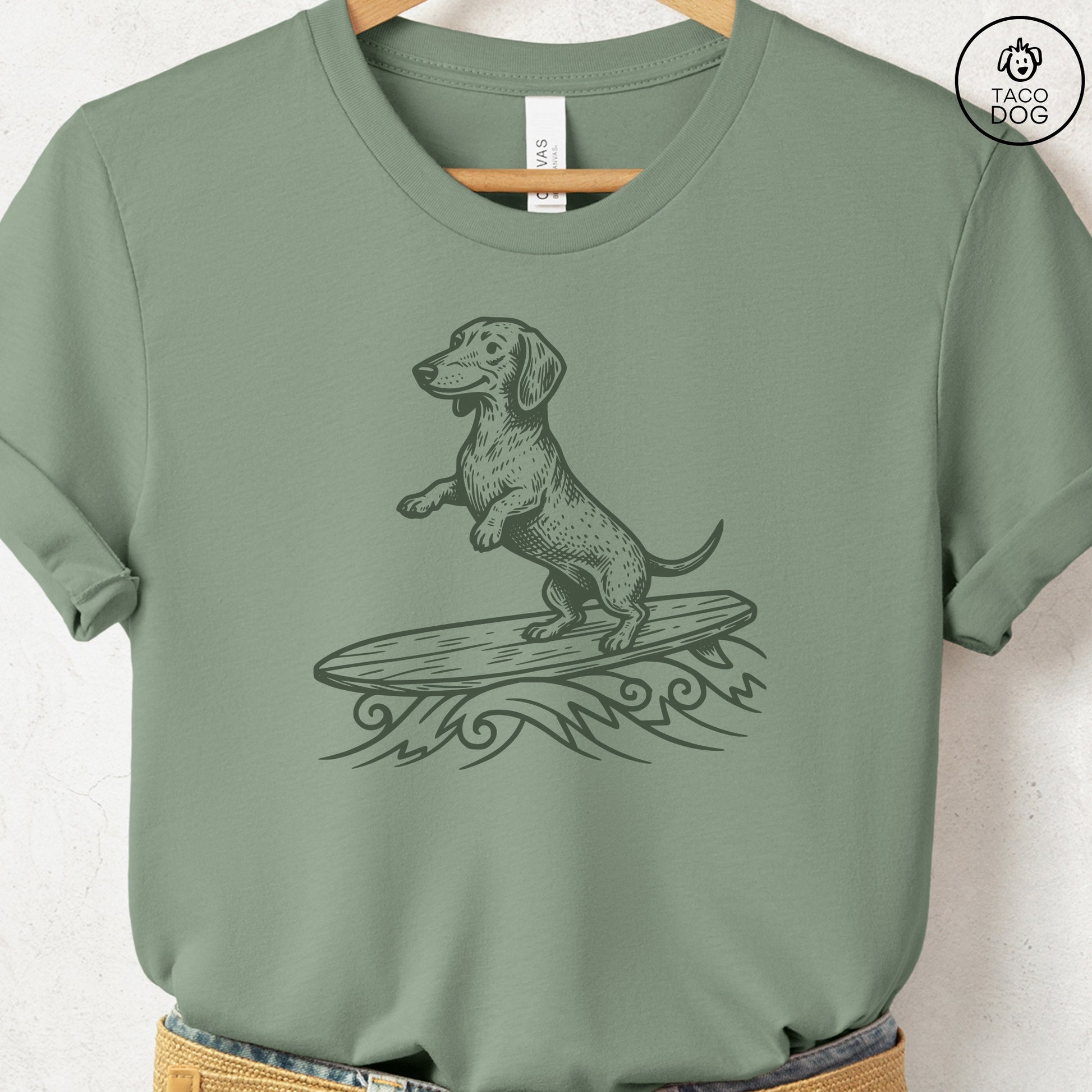 Dachshund Weenie Surfing T-Shirt Sage Taco-Dog