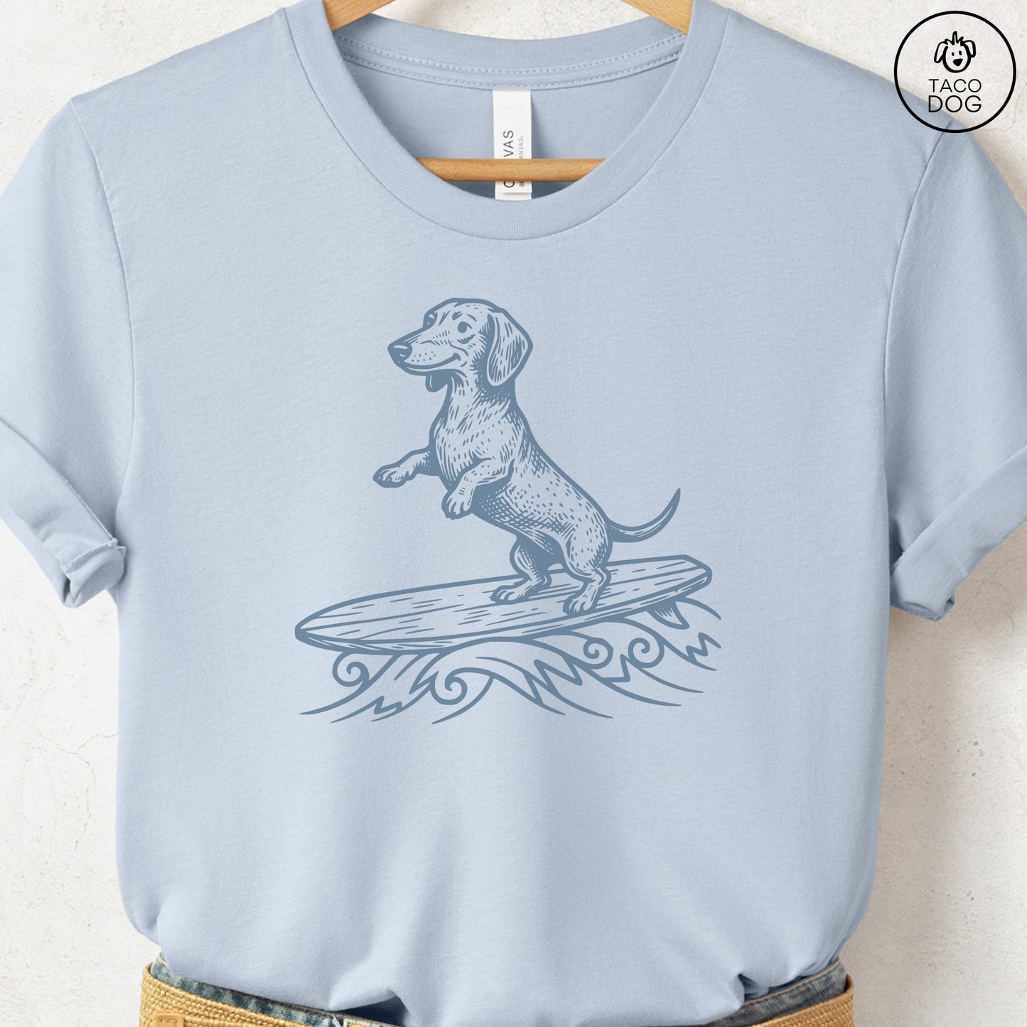 Dachshund Weenie Surfing T-Shirt Light Blue Taco-Dog