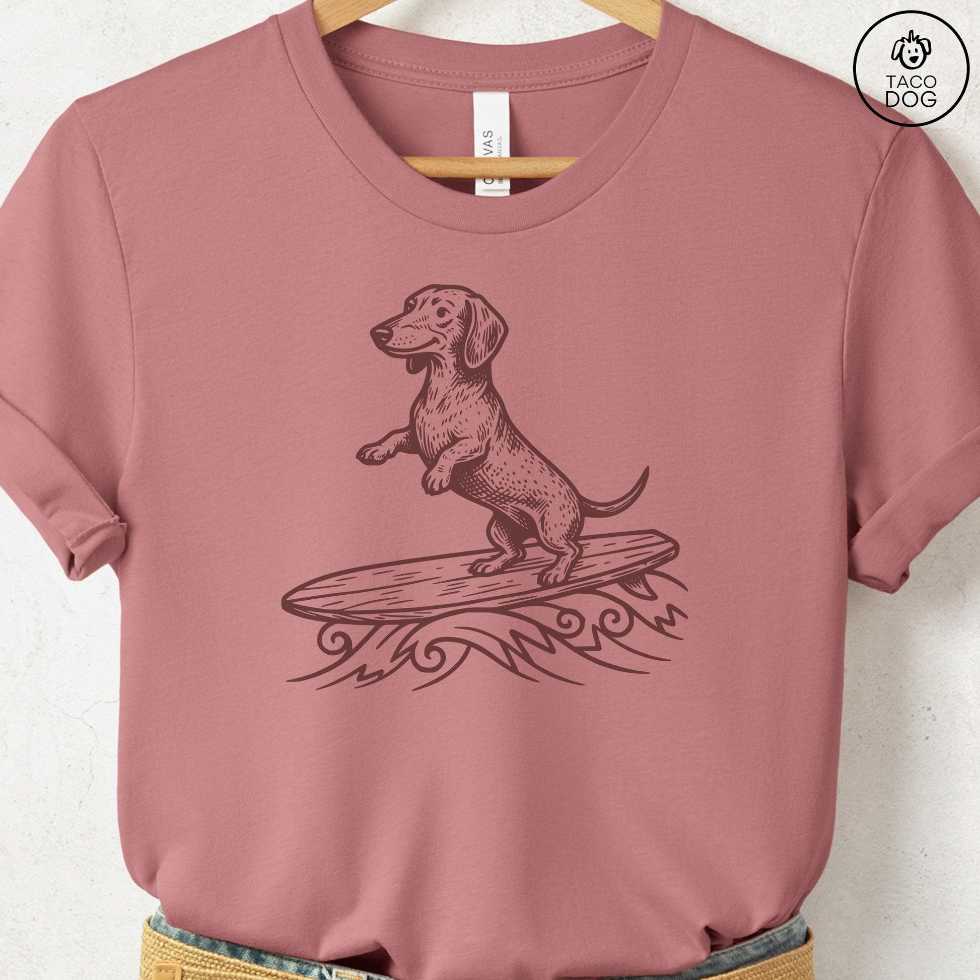 Dachshund Weenie Surfing T-Shirt Heather Mauve Taco-Dog