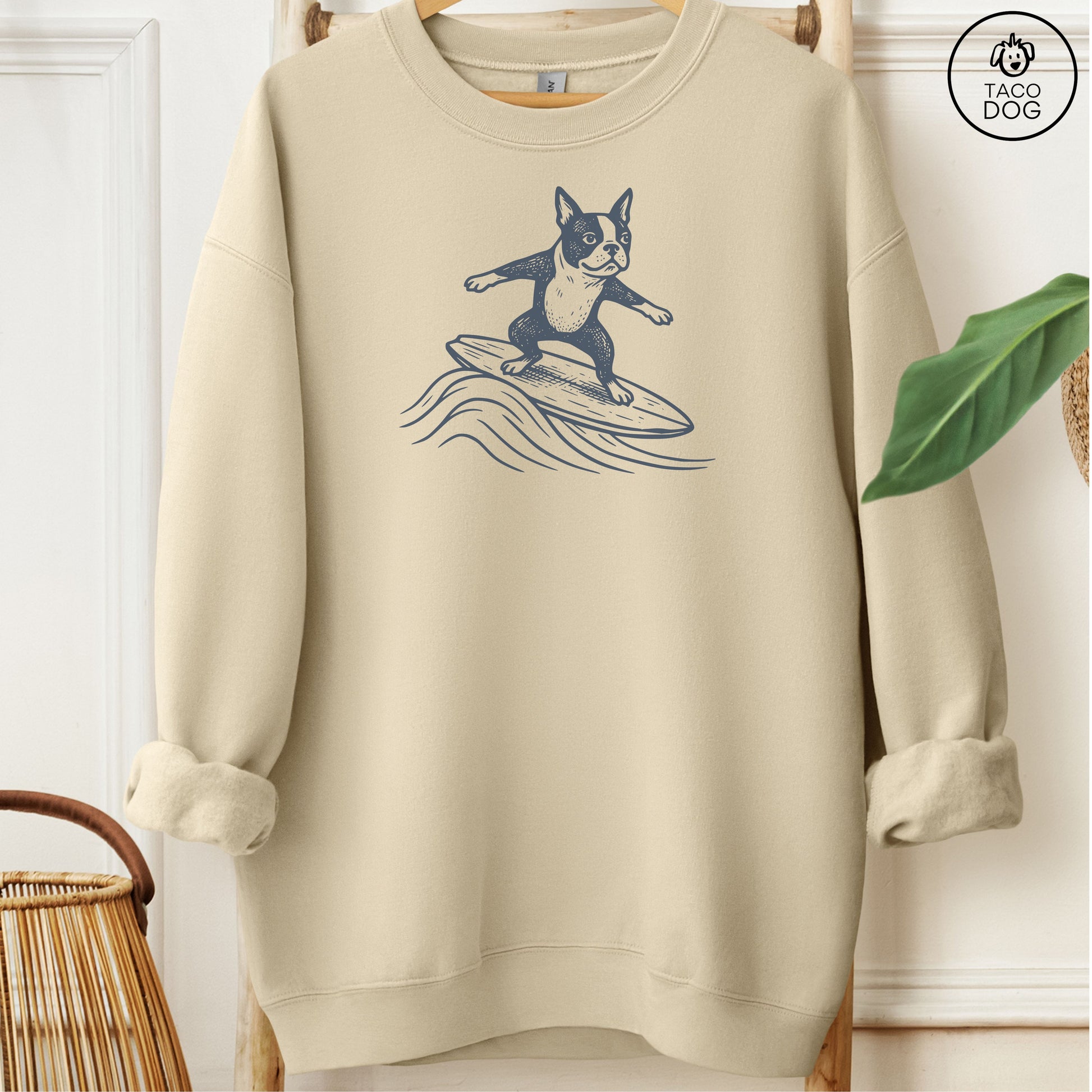 Boston Terrier Surfing Sweatshirt Sand