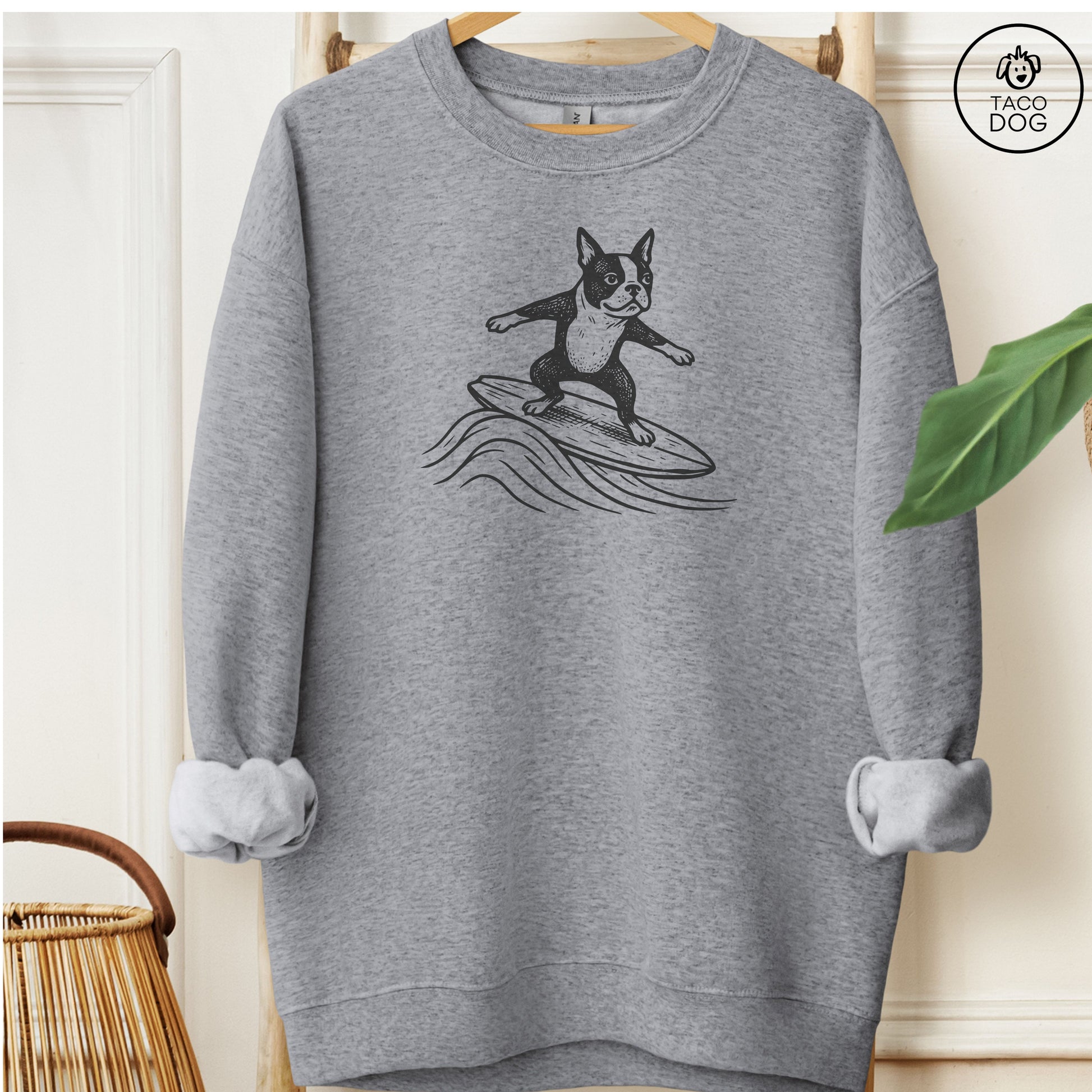 Boston Terrier Surfing Sweatshirt Graphite Heather