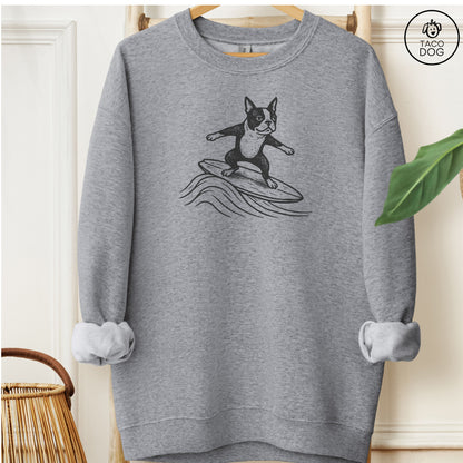 Boston Terrier Surfing Sweatshirt Graphite Heather