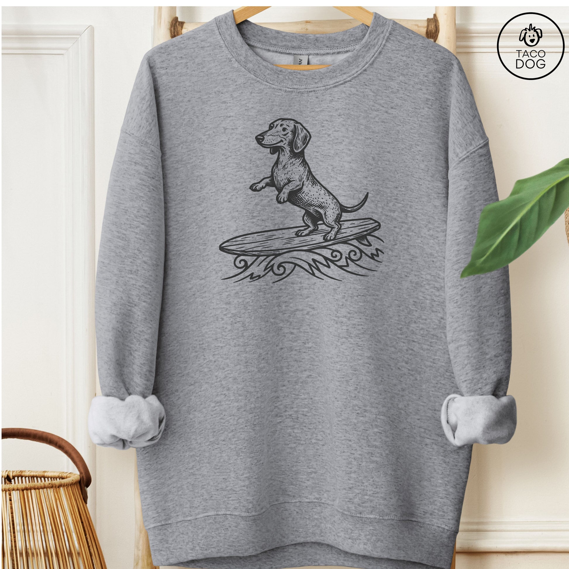 Dachshund Weenie Surfing Sweatshirt Graphite Heather