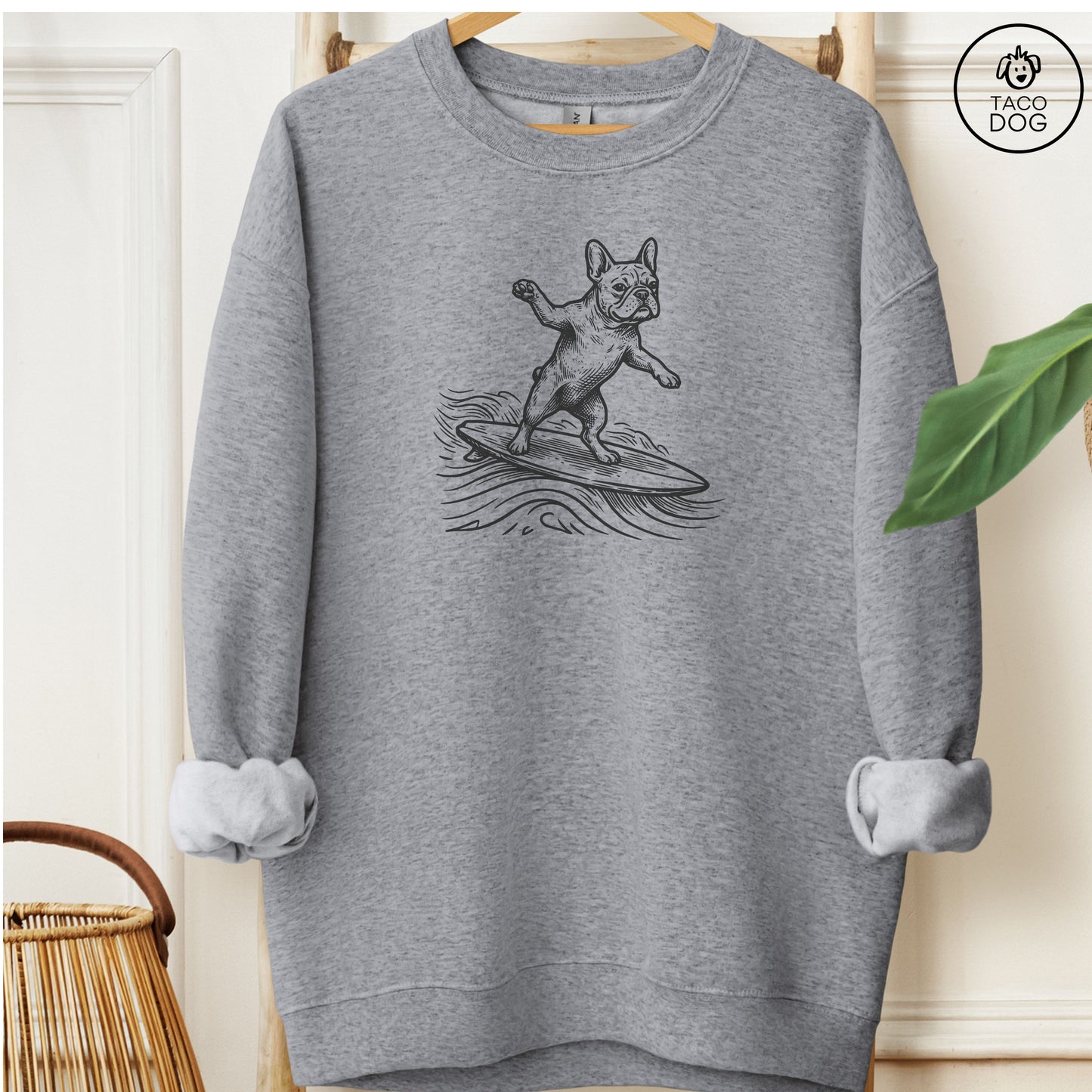 French Bulldog Frenchie Surfing Sweatshirt Graphite Heather Taco-Dog