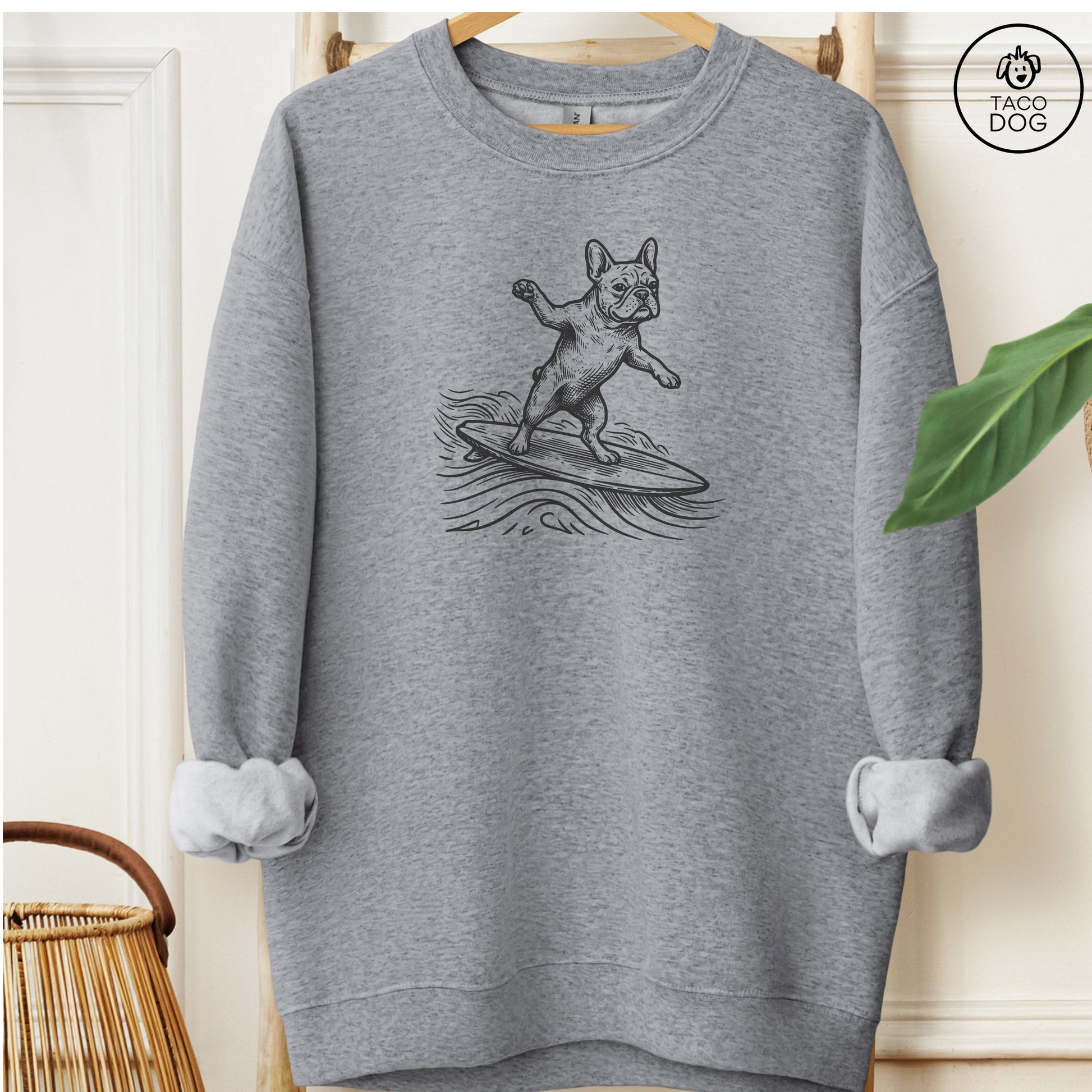 French Bulldog Frenchie Surfing Sweatshirt Graphite Heather Taco-Dog