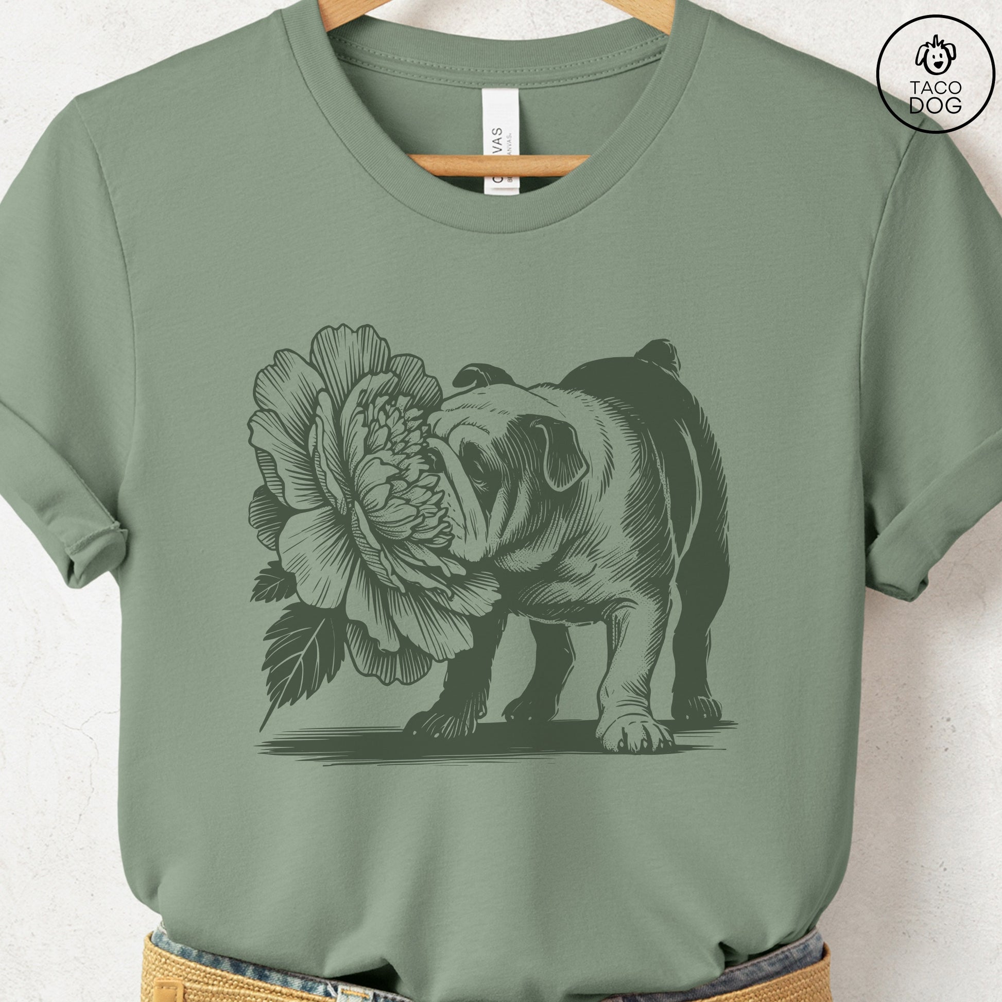 English Bulldog Smell the Flowers T-Shirt Sage Taco-Dog