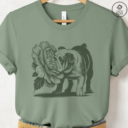 English Bulldog Smell the Flowers T-Shirt Sage