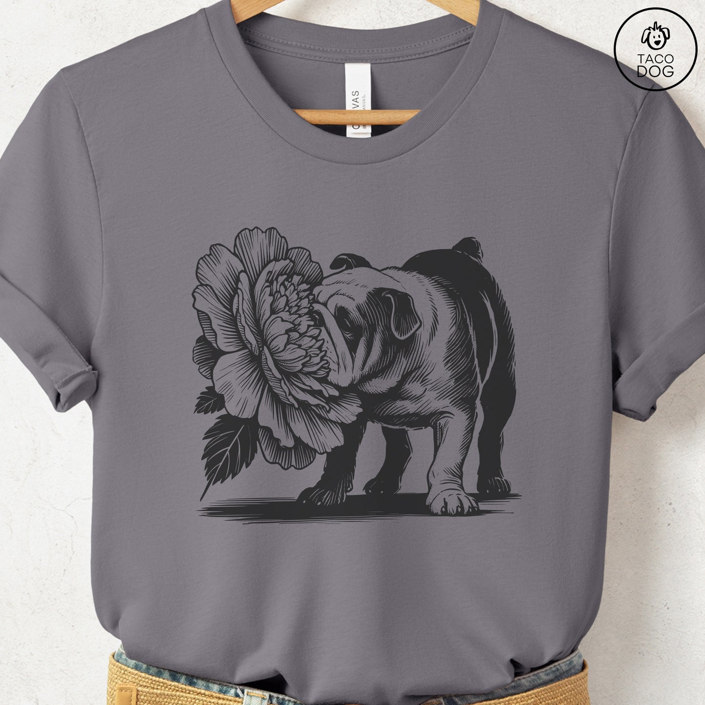 English Bulldog Smell the Flowers T-Shirt Storm Taco-Dog