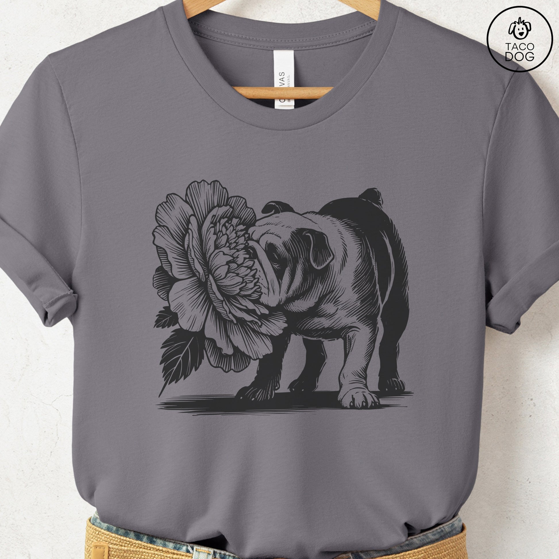 English Bulldog Smell the Flowers T-Shirt Storm Taco-Dog