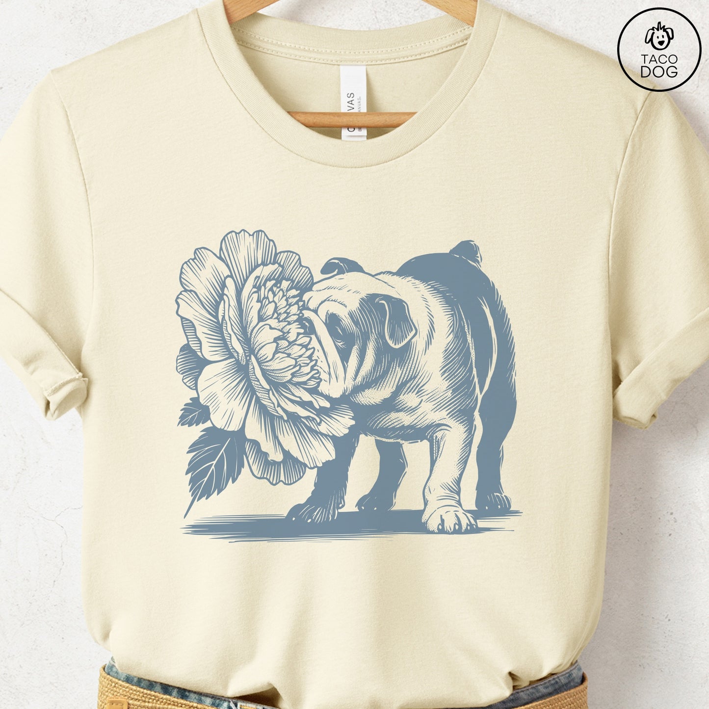 English Bulldog Smell the Flowers T-Shirt Natural Taco-Dog