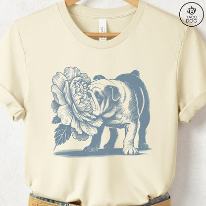 English Bulldog Smell the Flowers T-Shirt Natural Taco-Dog