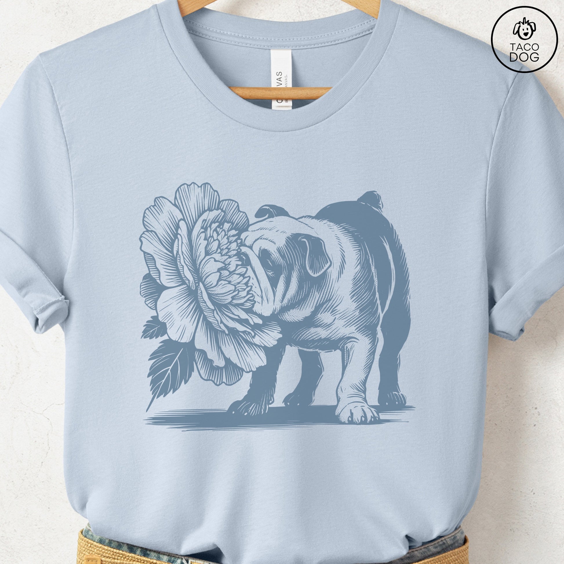 English Bulldog Smell the Flowers T-Shirt Light Blue Taco-Dog