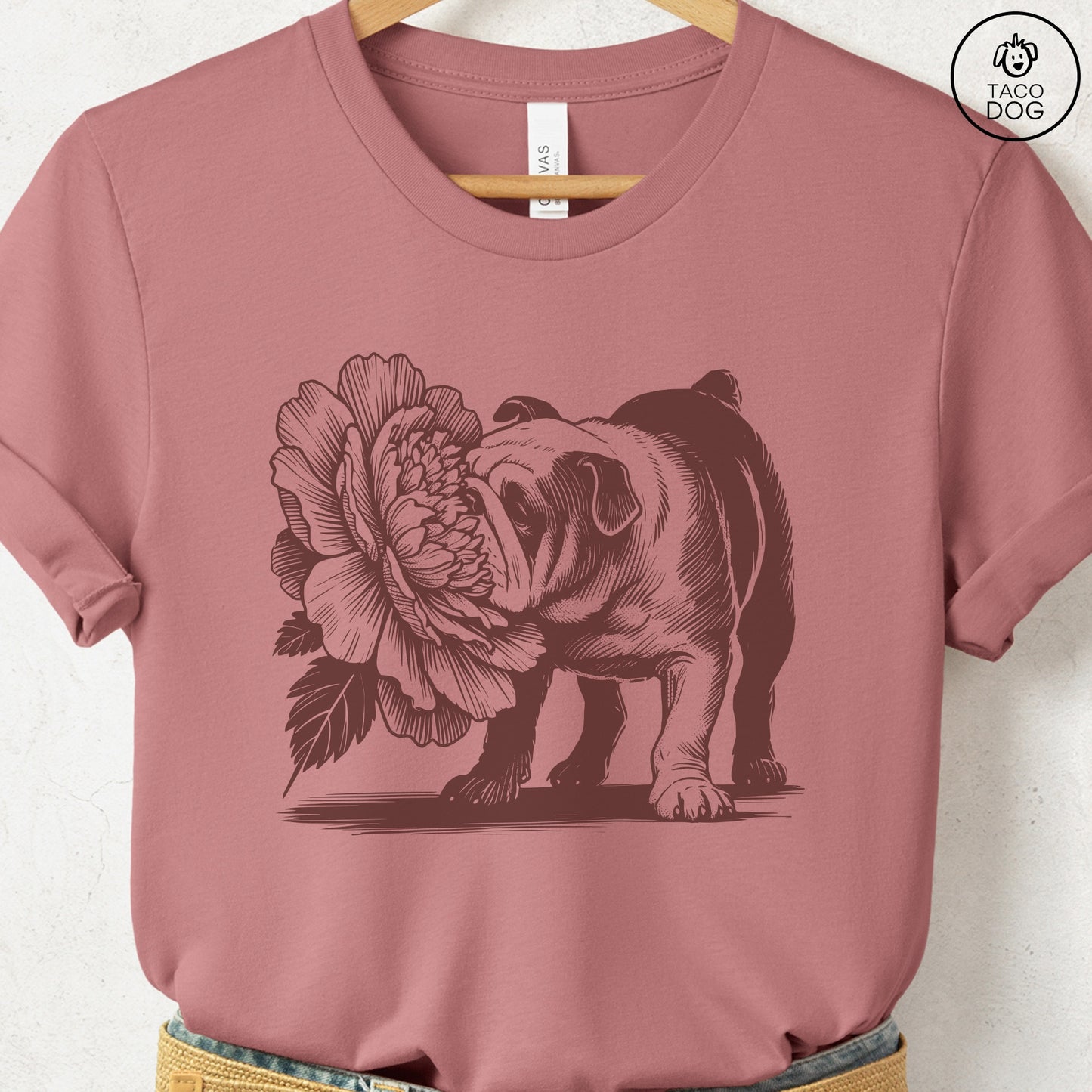 English Bulldog Smell the Flowers T-Shirt Heather Mauve Taco-Dog