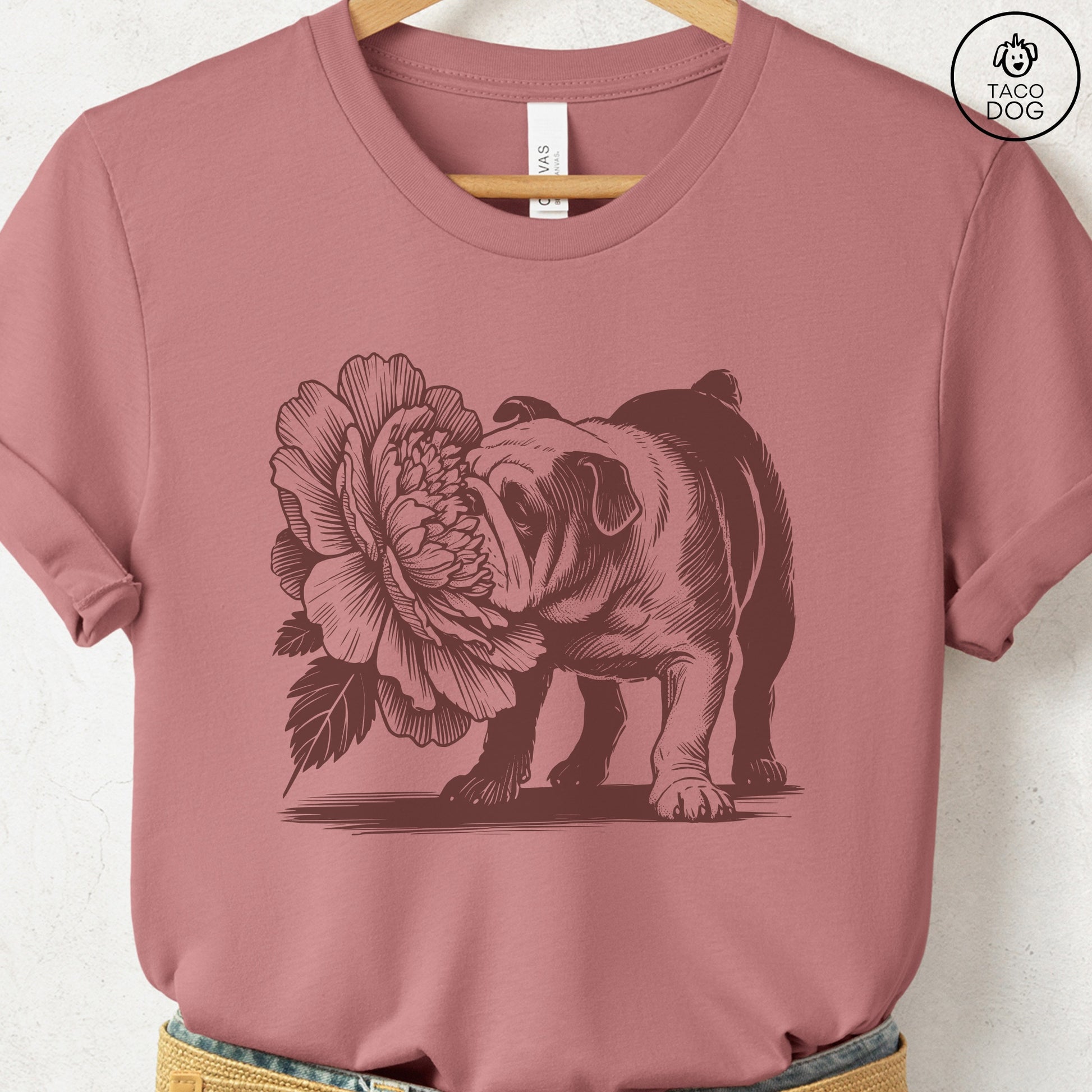 English Bulldog Smell the Flowers T-Shirt Heather Mauve Taco-Dog