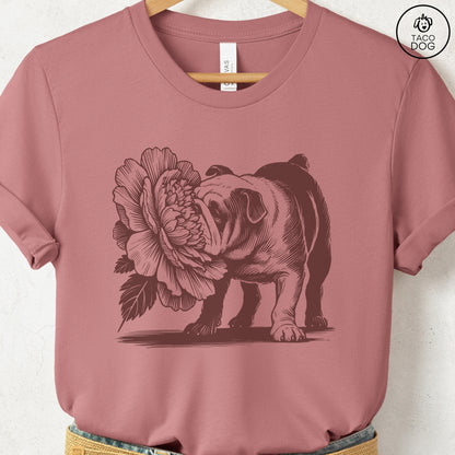 English Bulldog Smell the Flowers T-Shirt Heather Mauve Taco-Dog