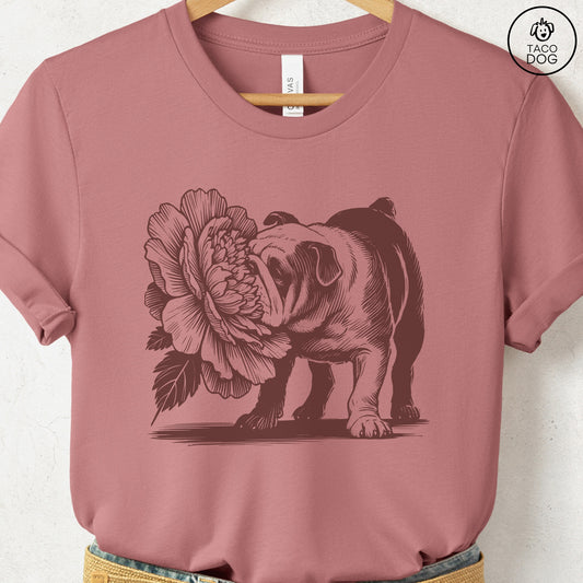 English Bulldog Smell the Flowers T-Shirt Heather Mauve Taco-Dog