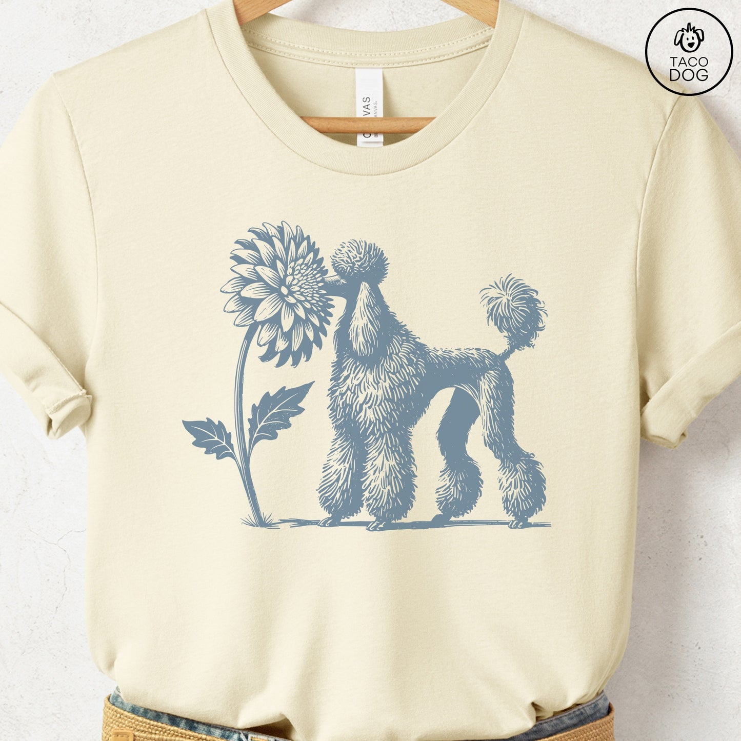 Poodle Smell the Flowers T-Shirt Natural Taco-Dog