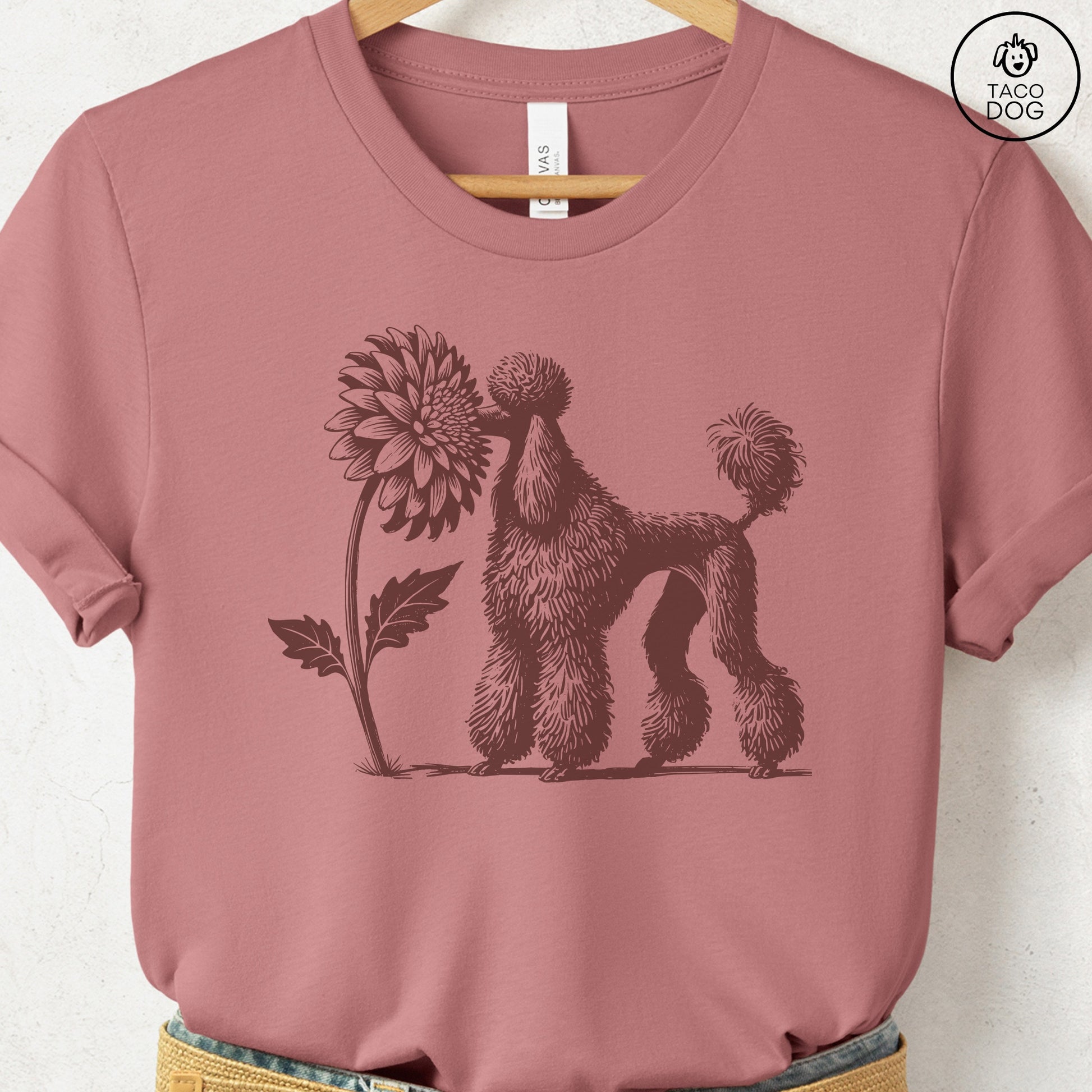 Poodle Smell the Flowers T-Shirt Heather Mauve Taco-Dog