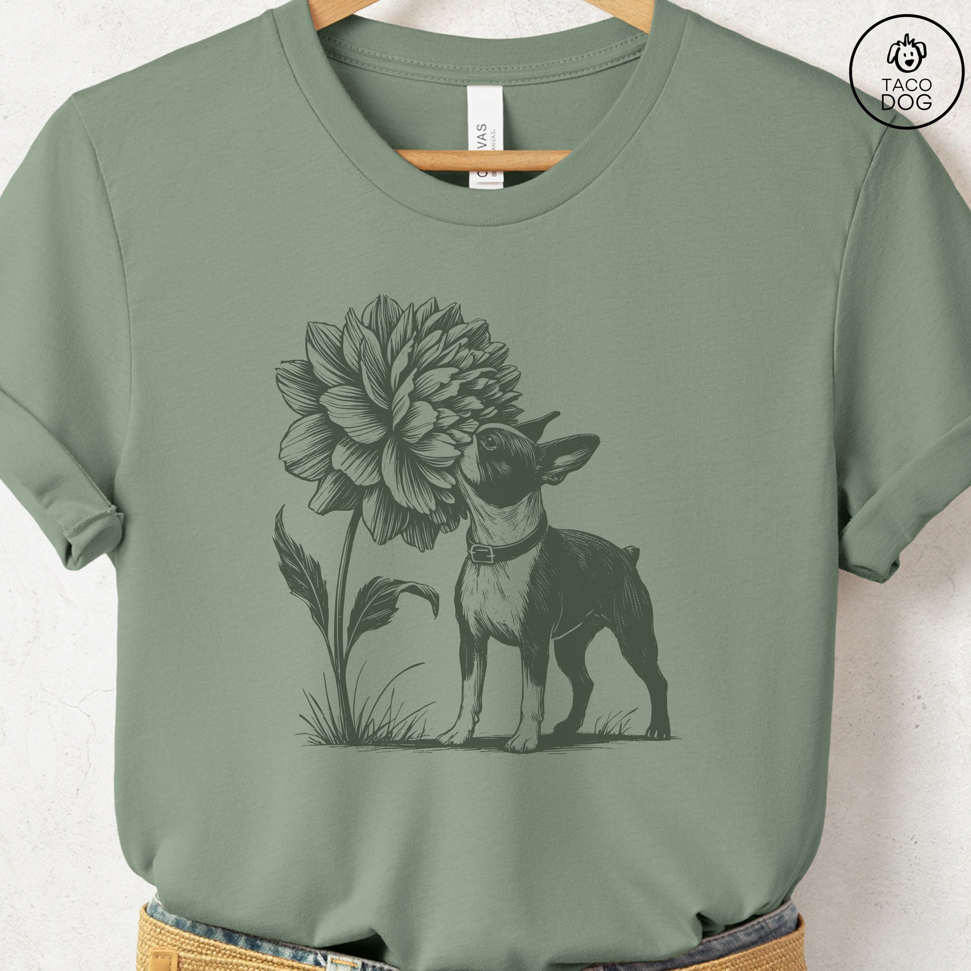 Boston Terrier Smell the Flowers T-Shirt Sage Taco-Dog