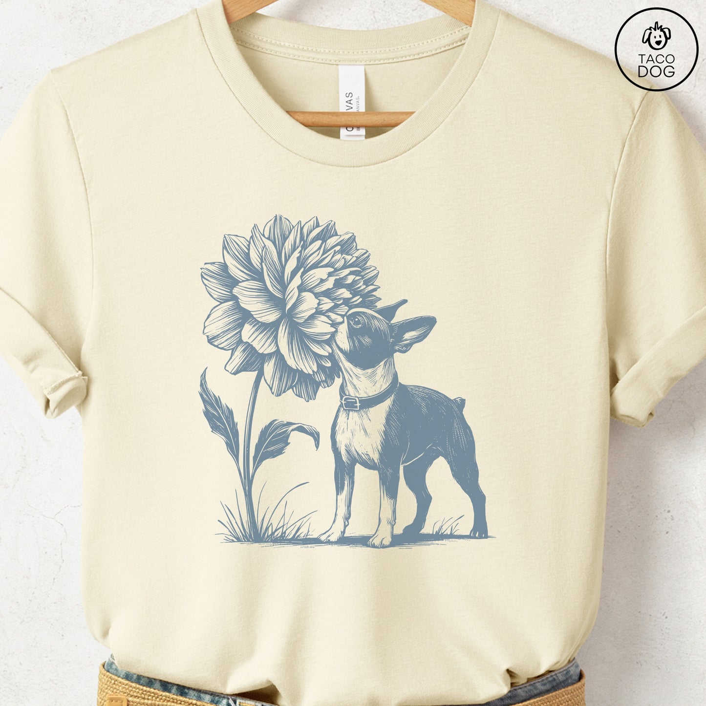 Boston Terrier Smell the Flowers T-Shirt Natural Taco-Dog