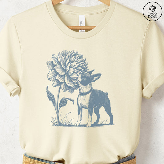 Boston Terrier Smell the Flowers T-Shirt Natural