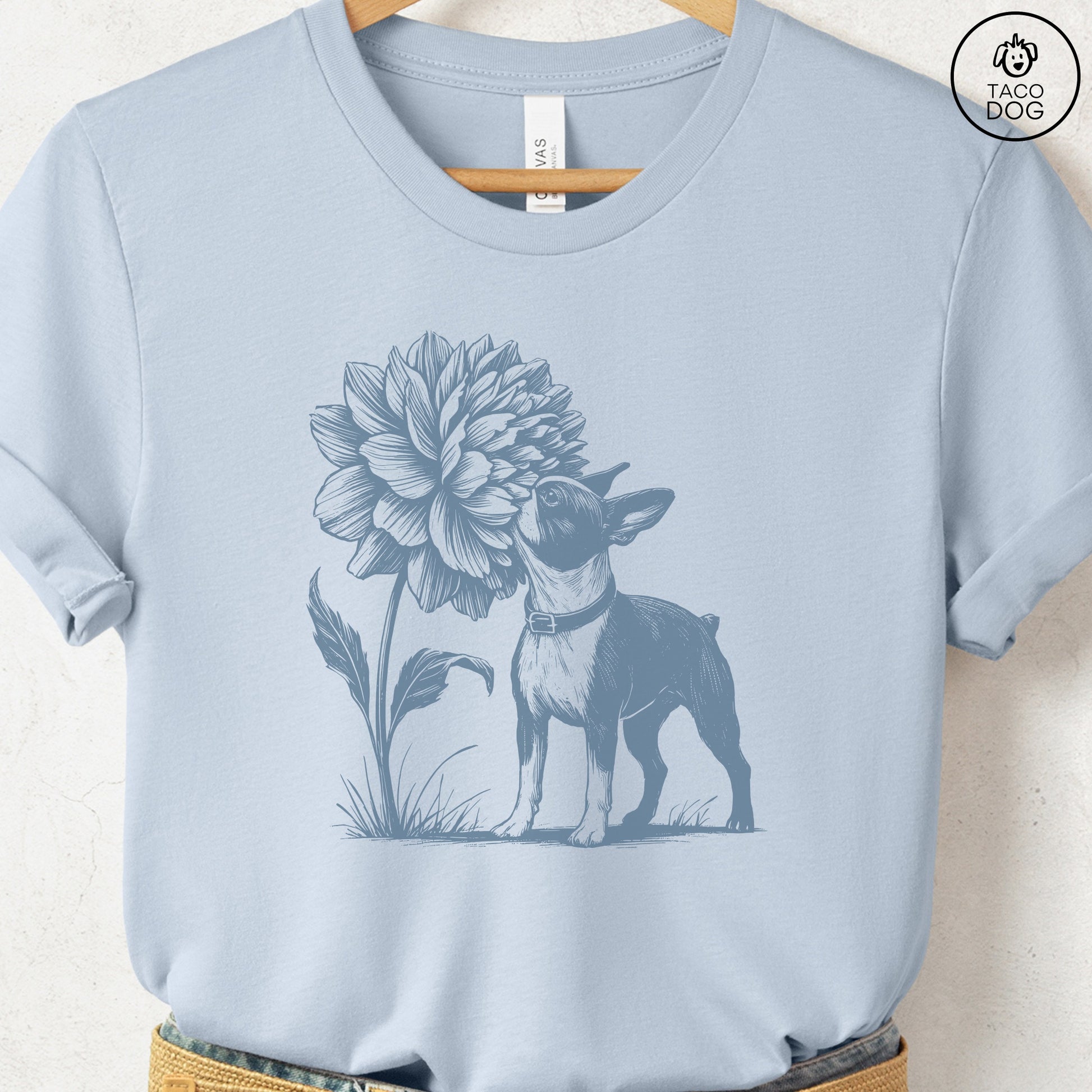 Boston Terrier Smell the Flowers T-Shirt Light Blue Taco-Dog