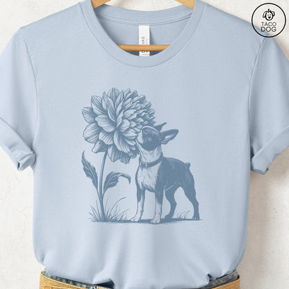 Boston Terrier Smell the Flowers T-Shirt Light Blue Taco-Dog