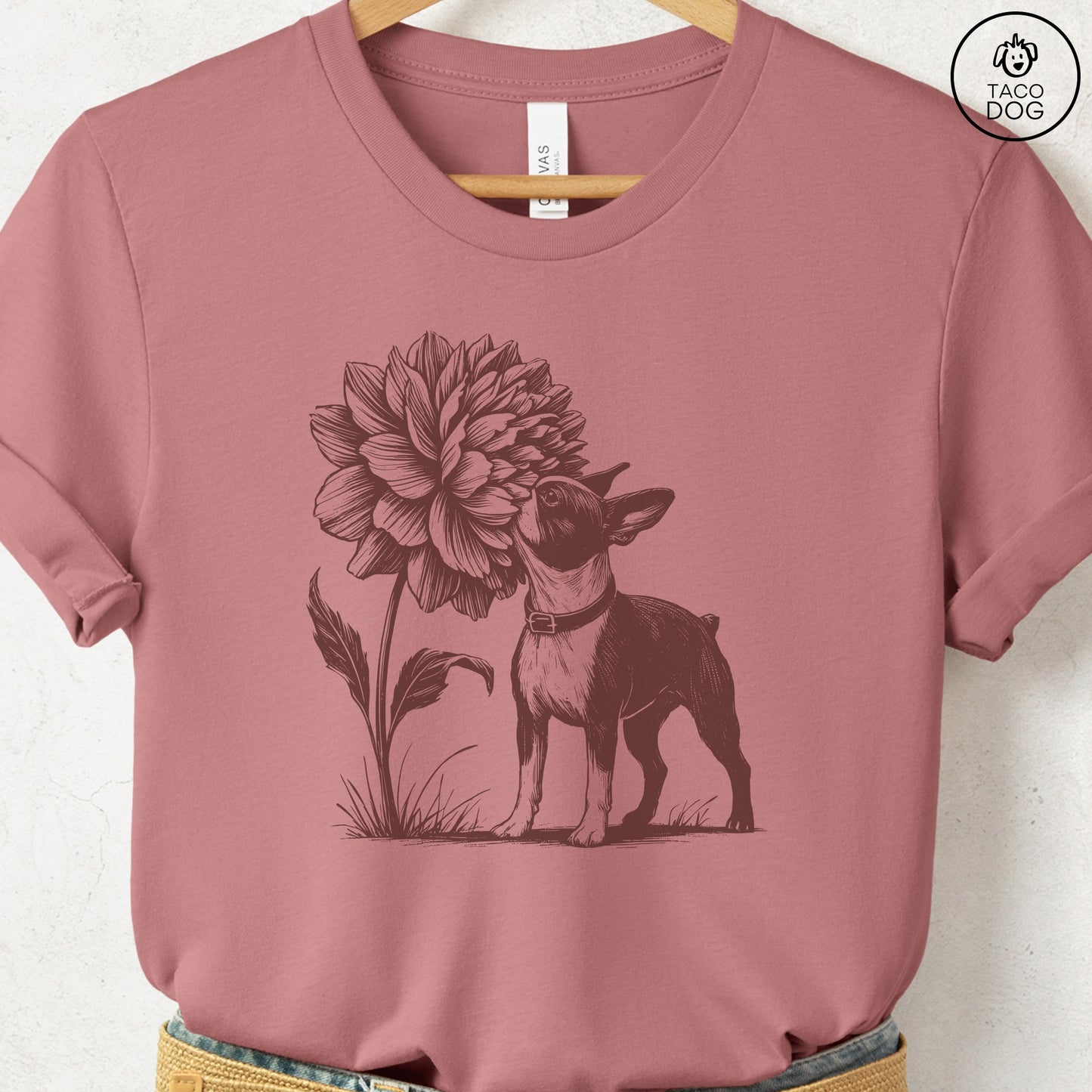 Boston Terrier Smell the Flowers T-Shirt Heather Mauve Taco-Dog