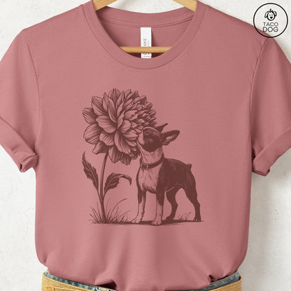 Boston Terrier Smell the Flowers T-Shirt Heather Mauve Taco-Dog
