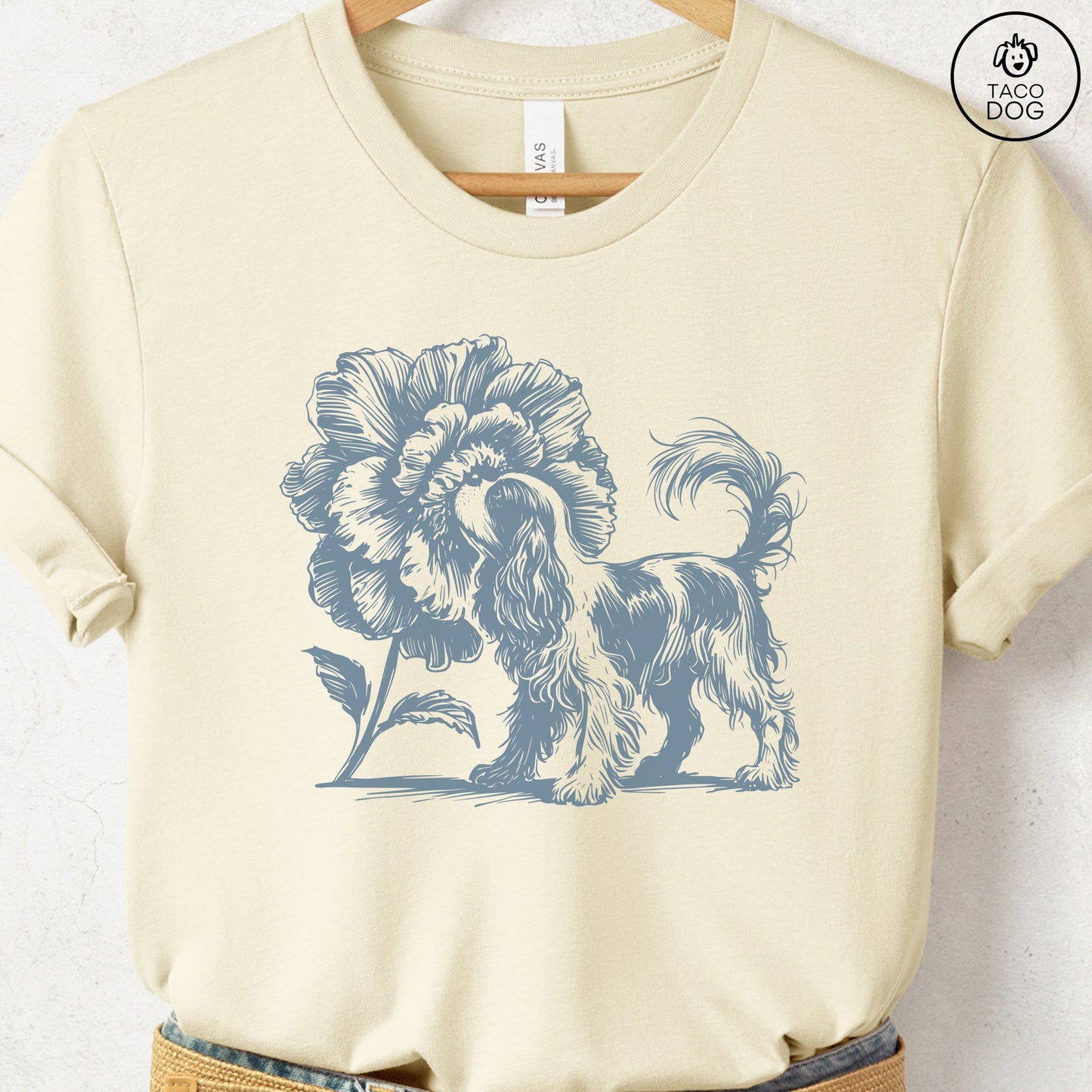 Cavalier King Charles Spaniel Smell the Flowers T-Shirt Natural Taco-Dog