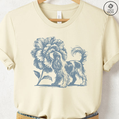 Cavalier King Charles Spaniel Smell the Flowers T-Shirt Natural Taco-Dog