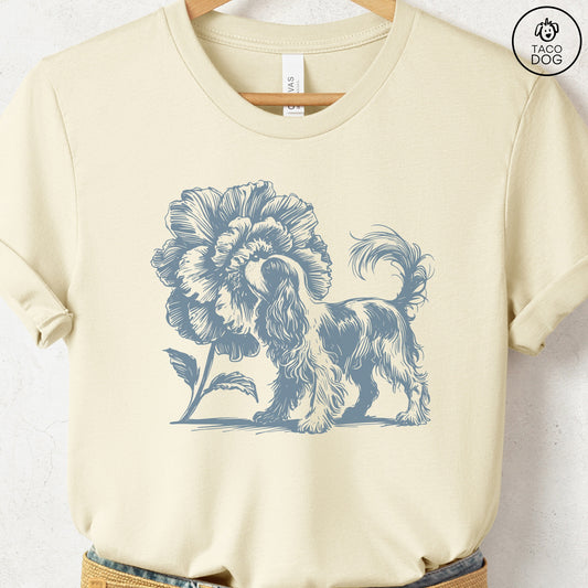 Cavalier King Charles Spaniel Smell the Flowers T-Shirt Natural Taco-Dog