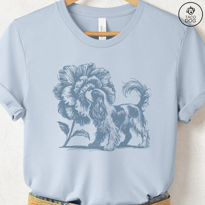 Cavalier King Charles Spaniel Smell the Flowers T-Shirt Light Blue Taco-Dog