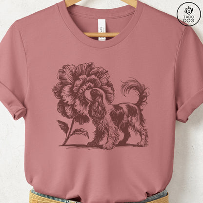 Cavalier King Charles Spaniel Smell the Flowers T-Shirt Heather Mauve Taco-Dog