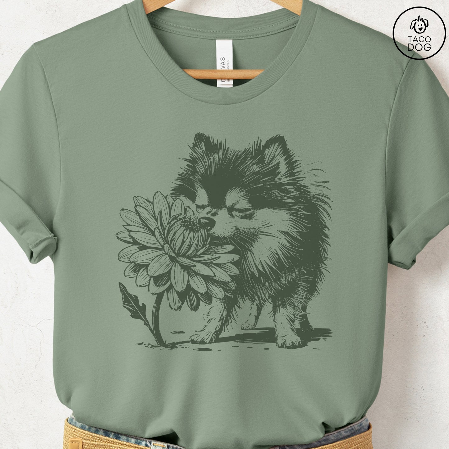 Pomeranian Smell the Flowers T-Shirt Sage Taco-Dog