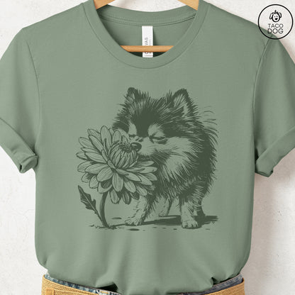 Pomeranian Smell the Flowers T-Shirt Sage Taco-Dog