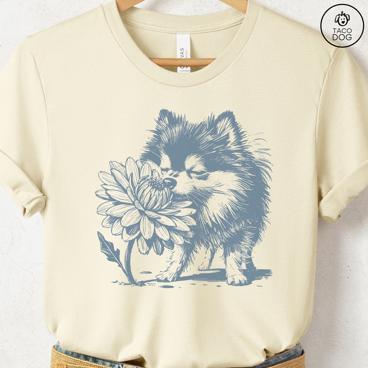 Pomeranian Smell the Flowers T-Shirt Natural Taco-Dog